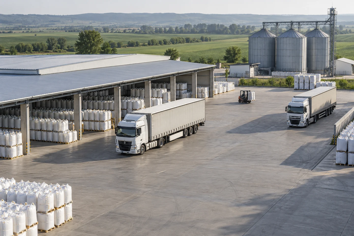 Centru de logistică agricolă cu depozite, îngrășăminte ambalate și camioane de transport