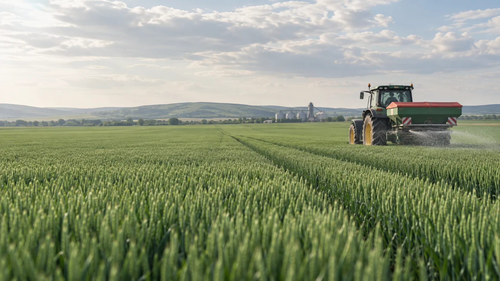 Tractor pentru fertilizare într-un câmp de grâu