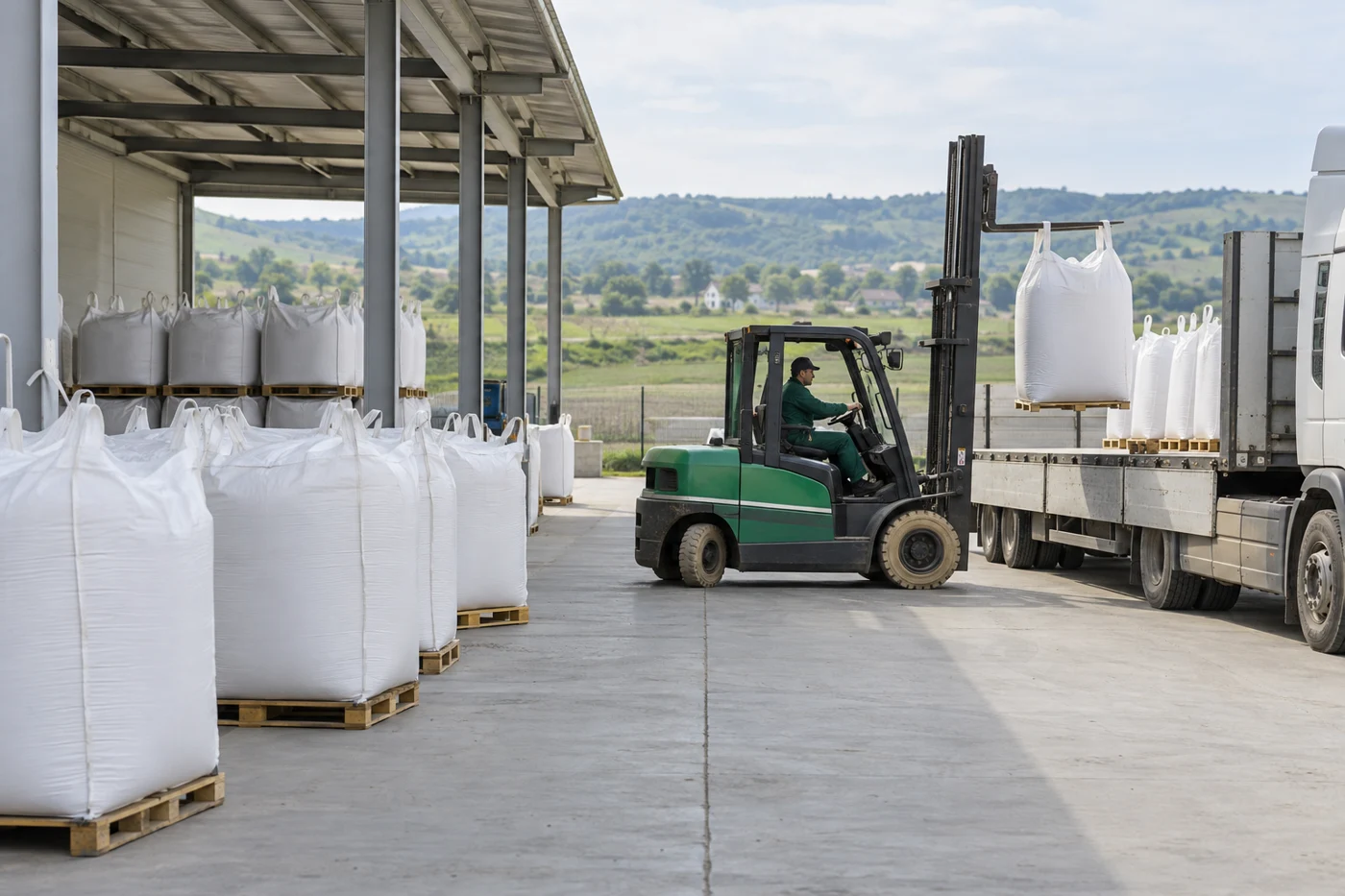 Îngrășăminte ambalate pentru transport într-un depozit agricol