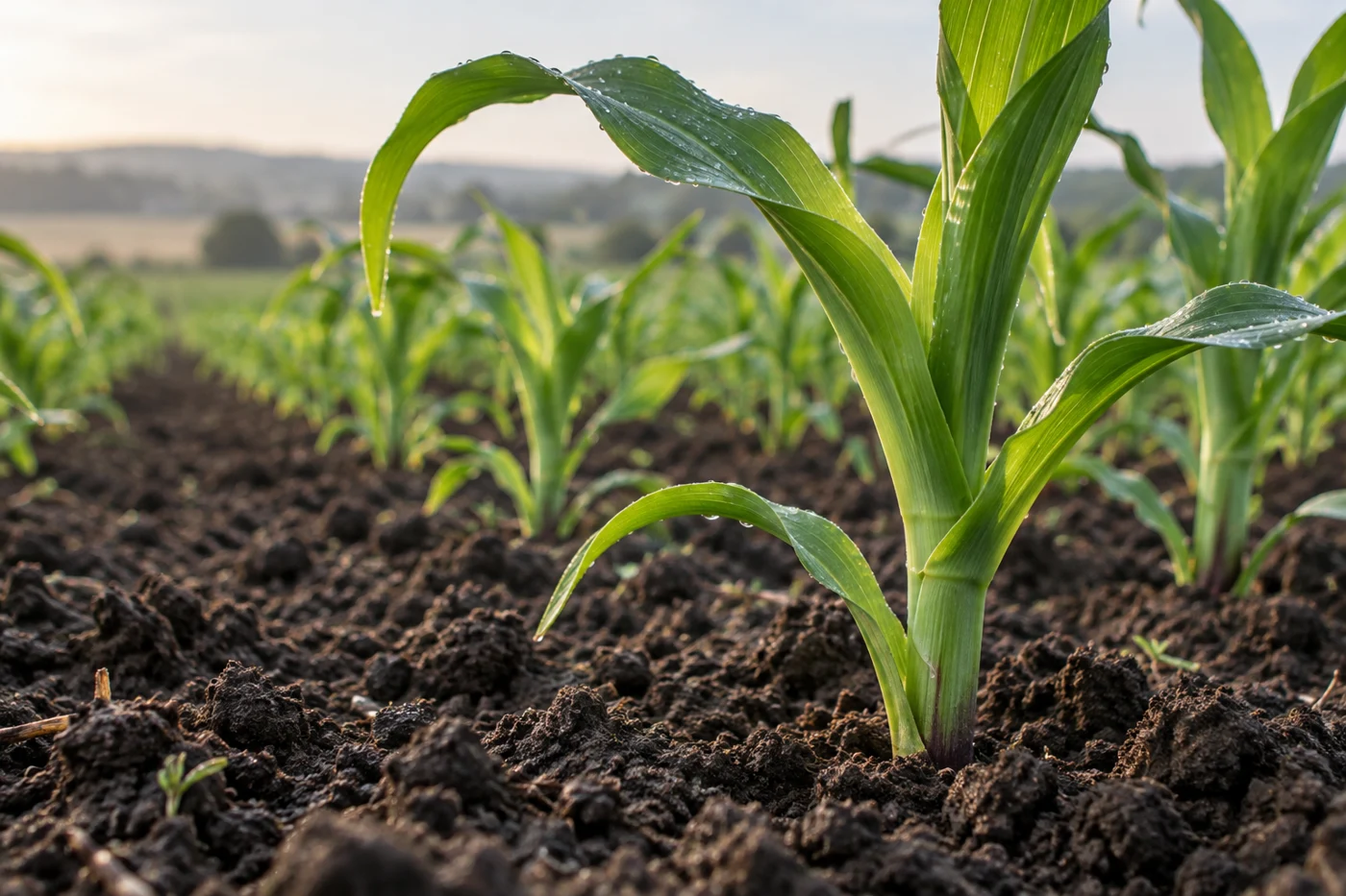 Plantă tânără de porumb într-un sol agricol