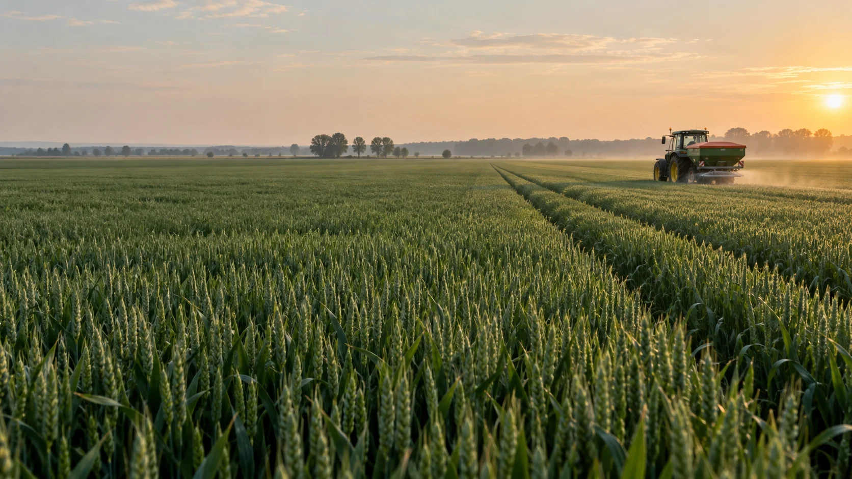 Tractor într-un câmp verde de grâu